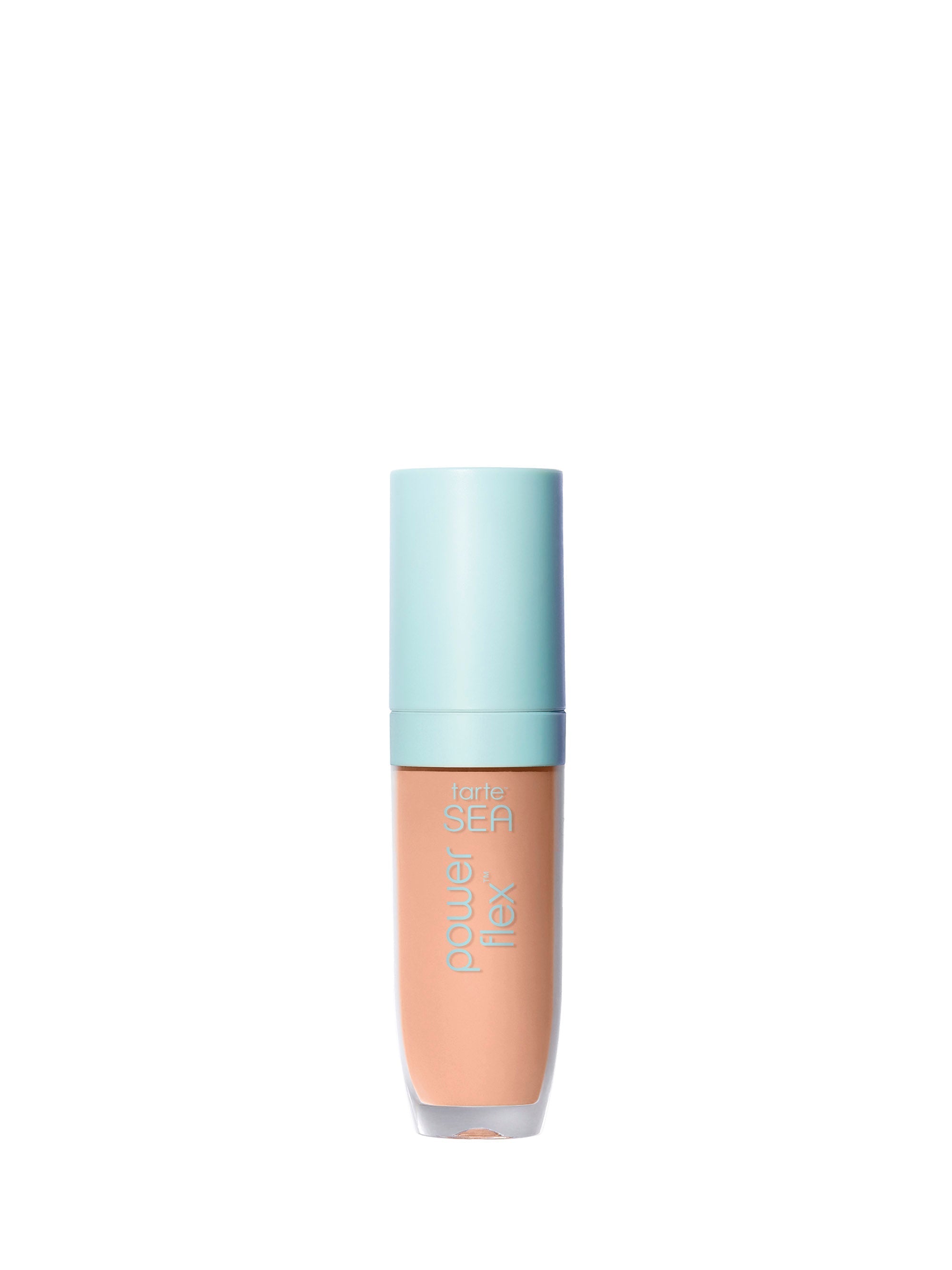 Foundation bottle with a light blue cap on a white background