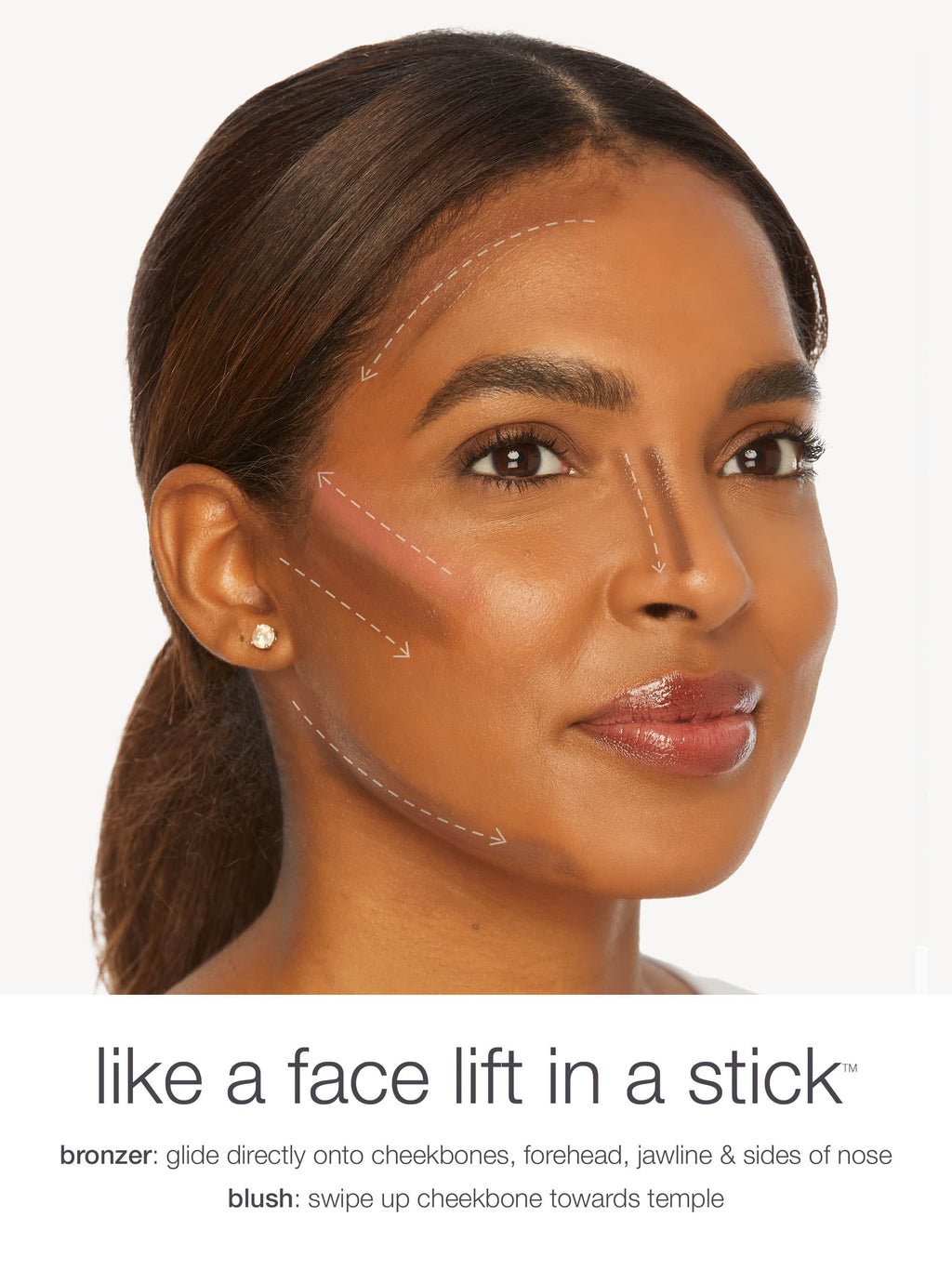Woman with makeup application lines on her face and text about maneater™ cream bronze & blush stick duo