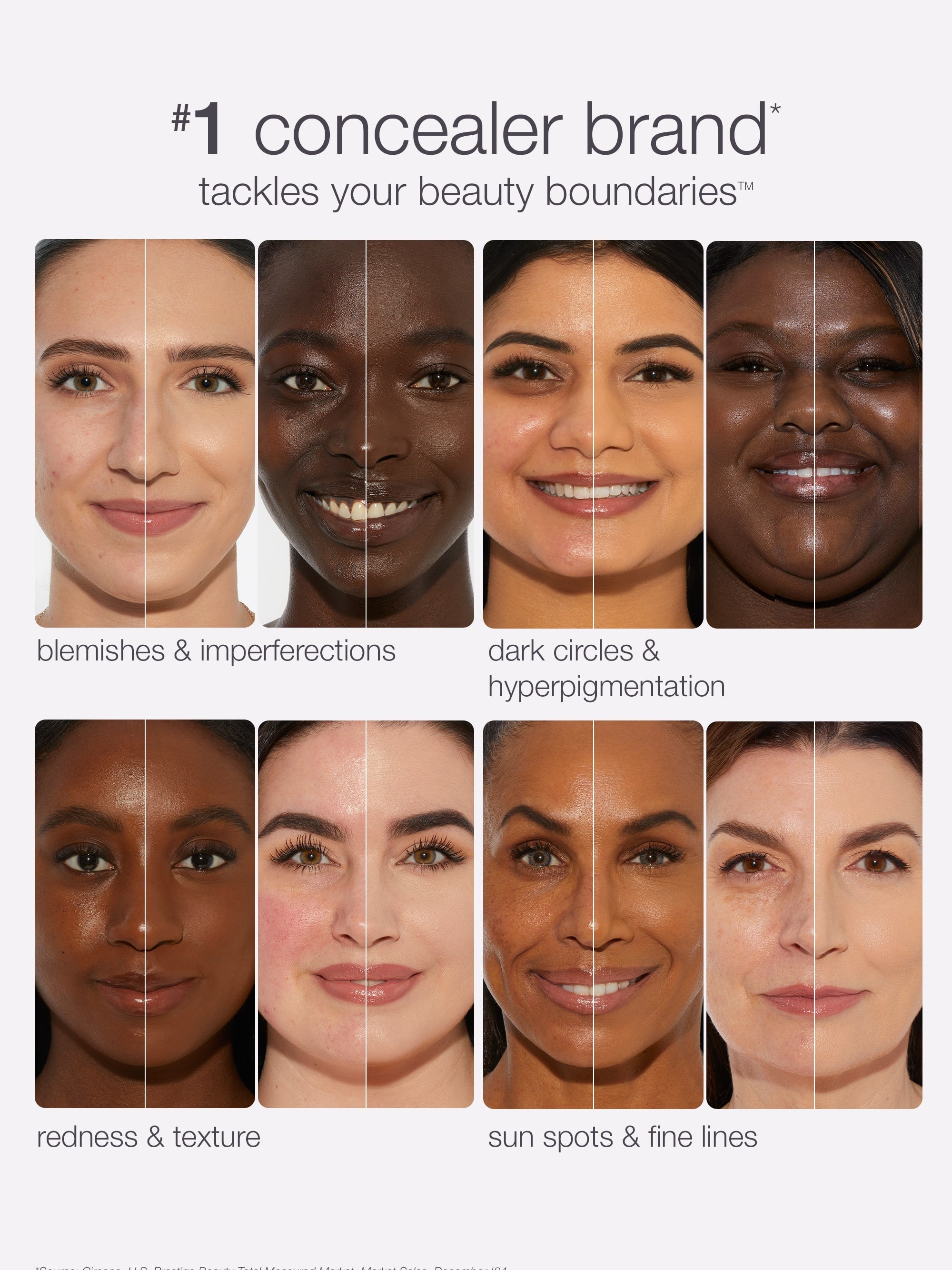 Advertisement for a tarte creaseless creamy concealer showing faces with various skin concerns.