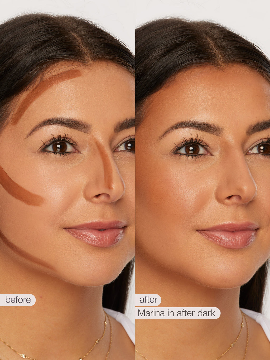 Before and after comparison of a woman's face with cosmetic application, labeled 'before' and 'after' with product name.