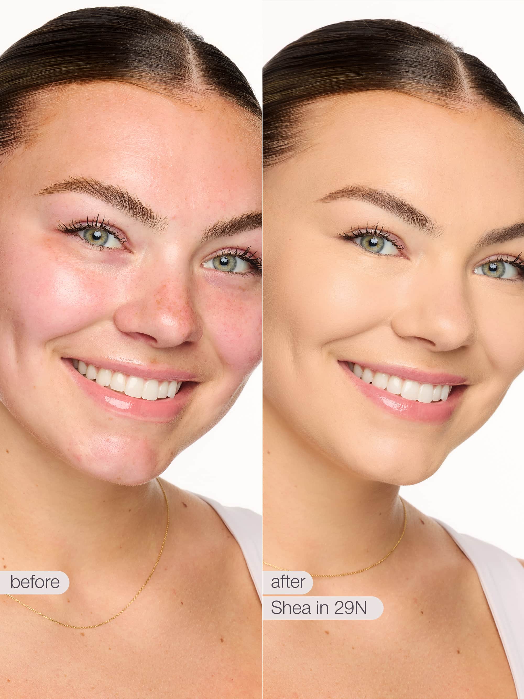Before and after comparison of a woman's face with skincare product application. using tarte shape tape concealer