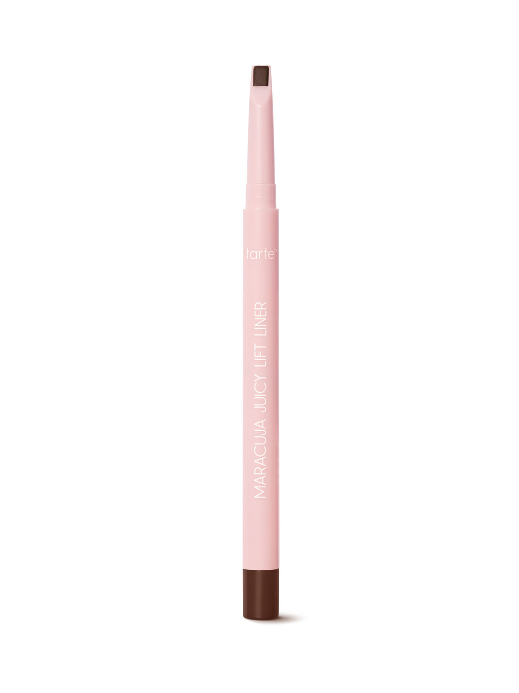 Pink makeup pencil with brown tip on a white background