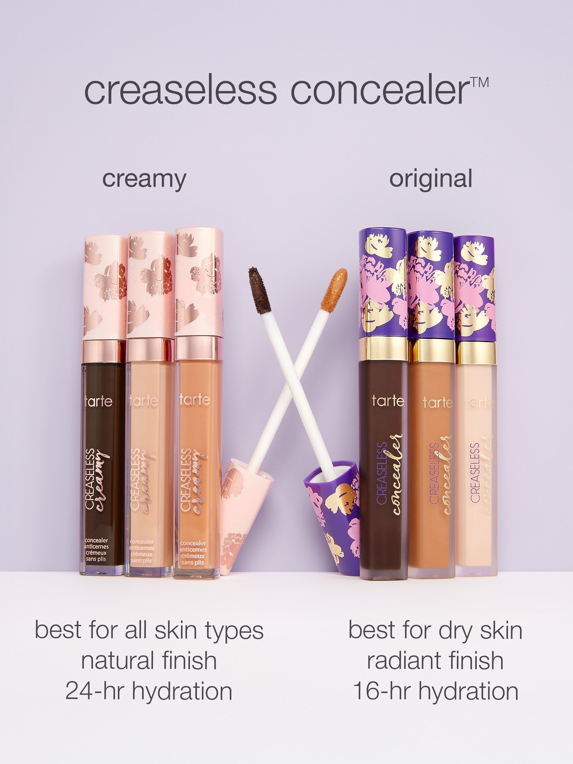 Tarte Cosmetics' creaseless concealers displayed with applicators extended; creamy version on the left, original on the right. Text: best for all skin types, natural finish, 24-hr hydration and best for dry skin, radiant finish, 16-hr hydration.