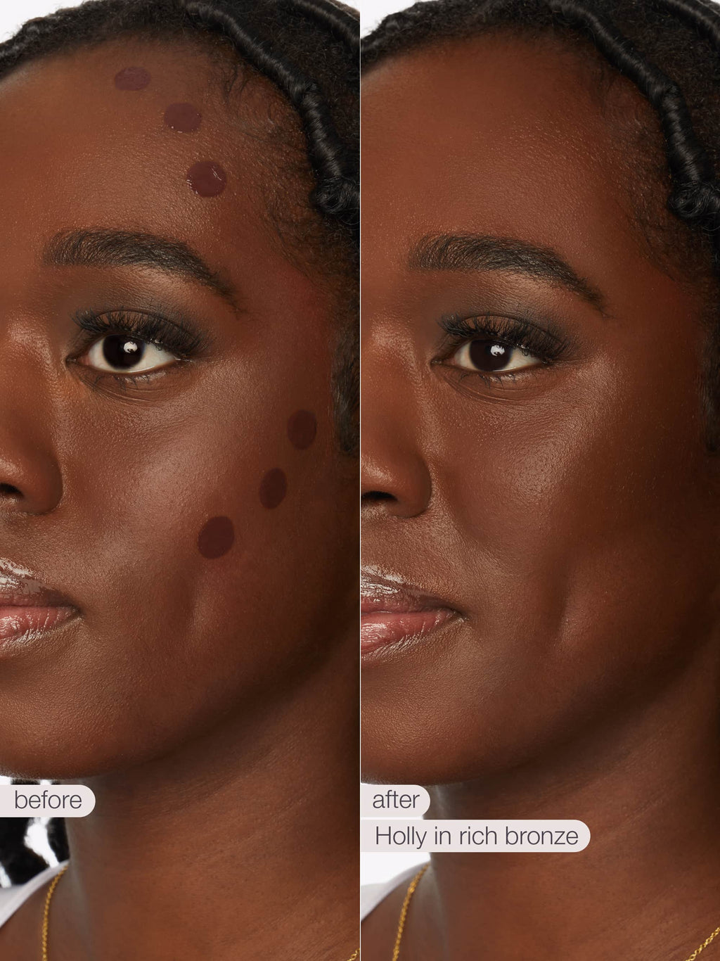 Before and after comparison of a woman's face with a sculpt tape™ applied, labeled 'Holly in rich bronze'.