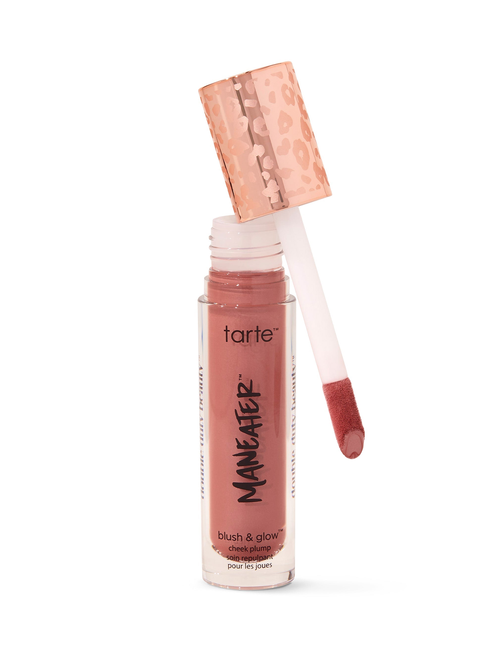 Tarte blush & glow product with rose gold cap on white background