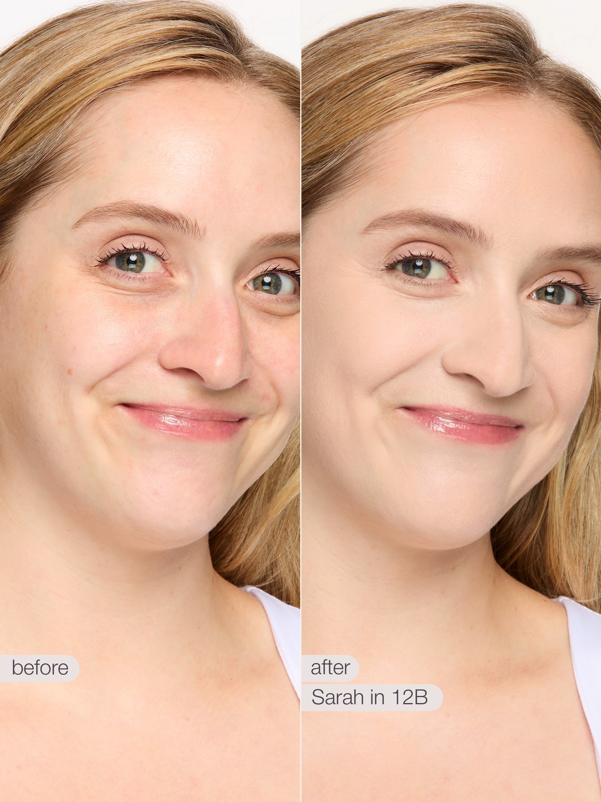 Before and after comparison of a woman's face with makeup application labeled 'Sarah in 12B'.tarte shape tape concealer