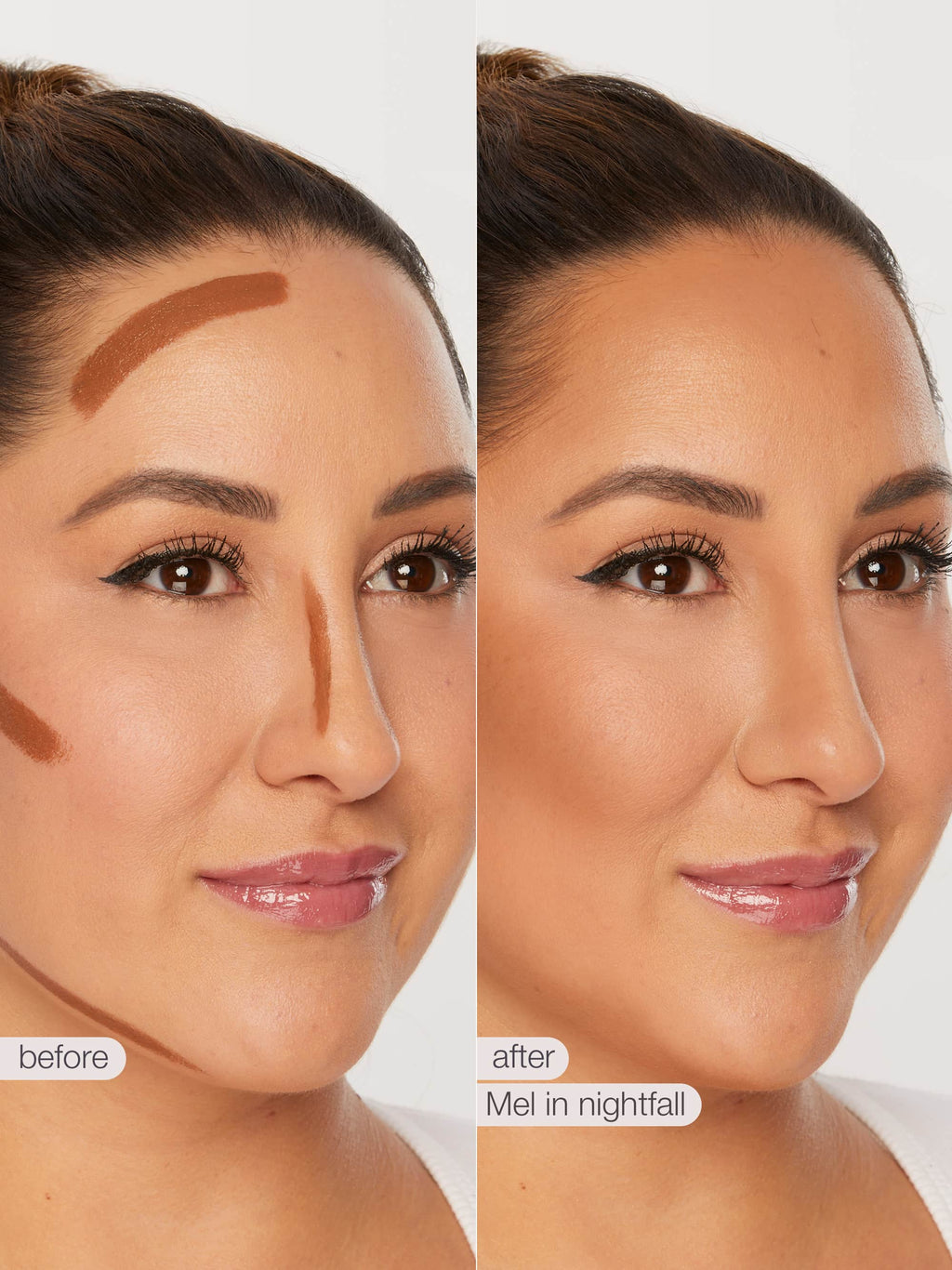 Before and after comparison of a woman's face with maneater silk stick bronzer application on a neutral background.