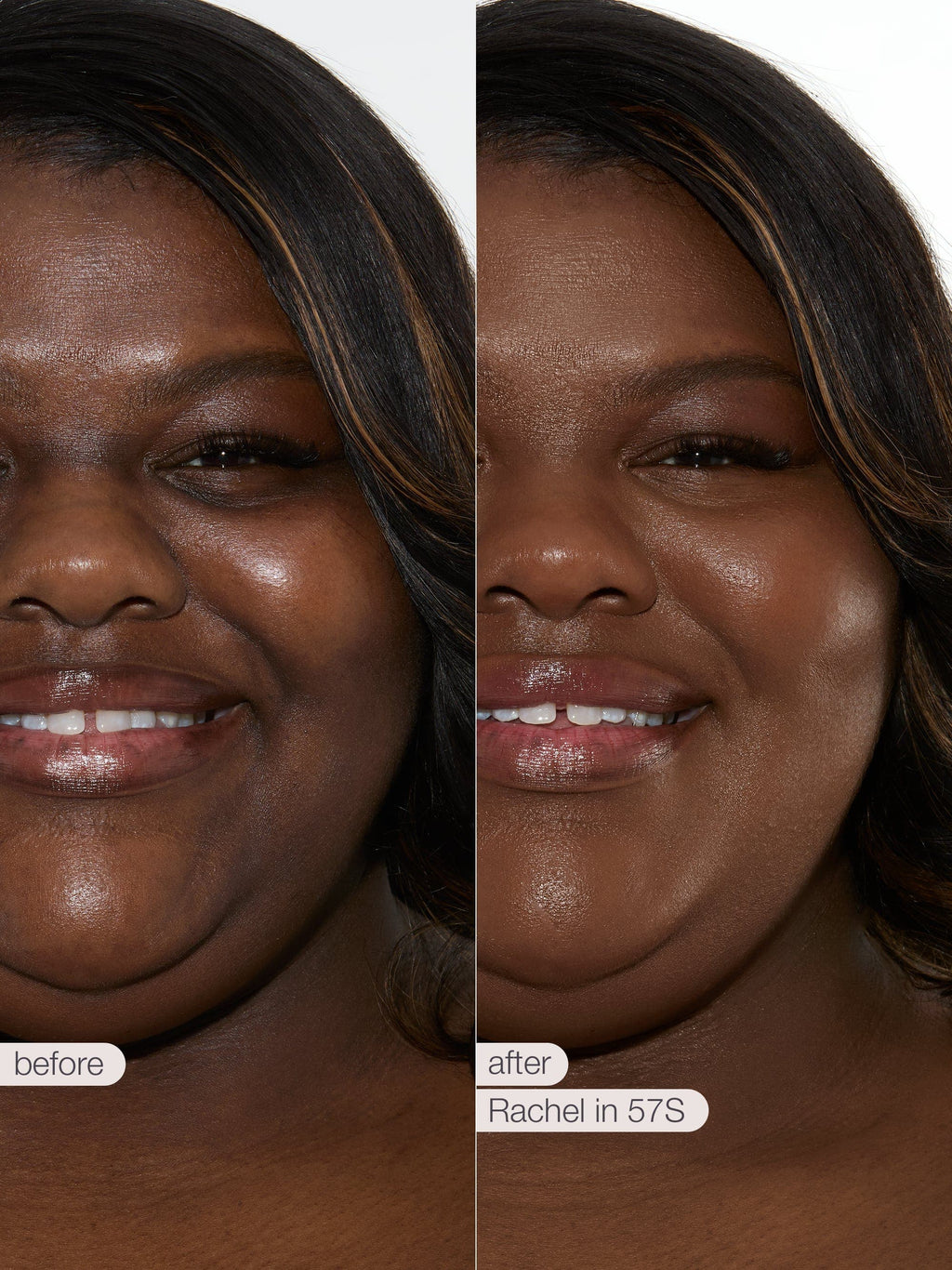 A split image shows a woman's face close-up, smiling. The left side has no makeup. The right side, labeled Tarte Medium-Deep Neutral, displays a smooth complexion with makeup applied. Both have a white background.
