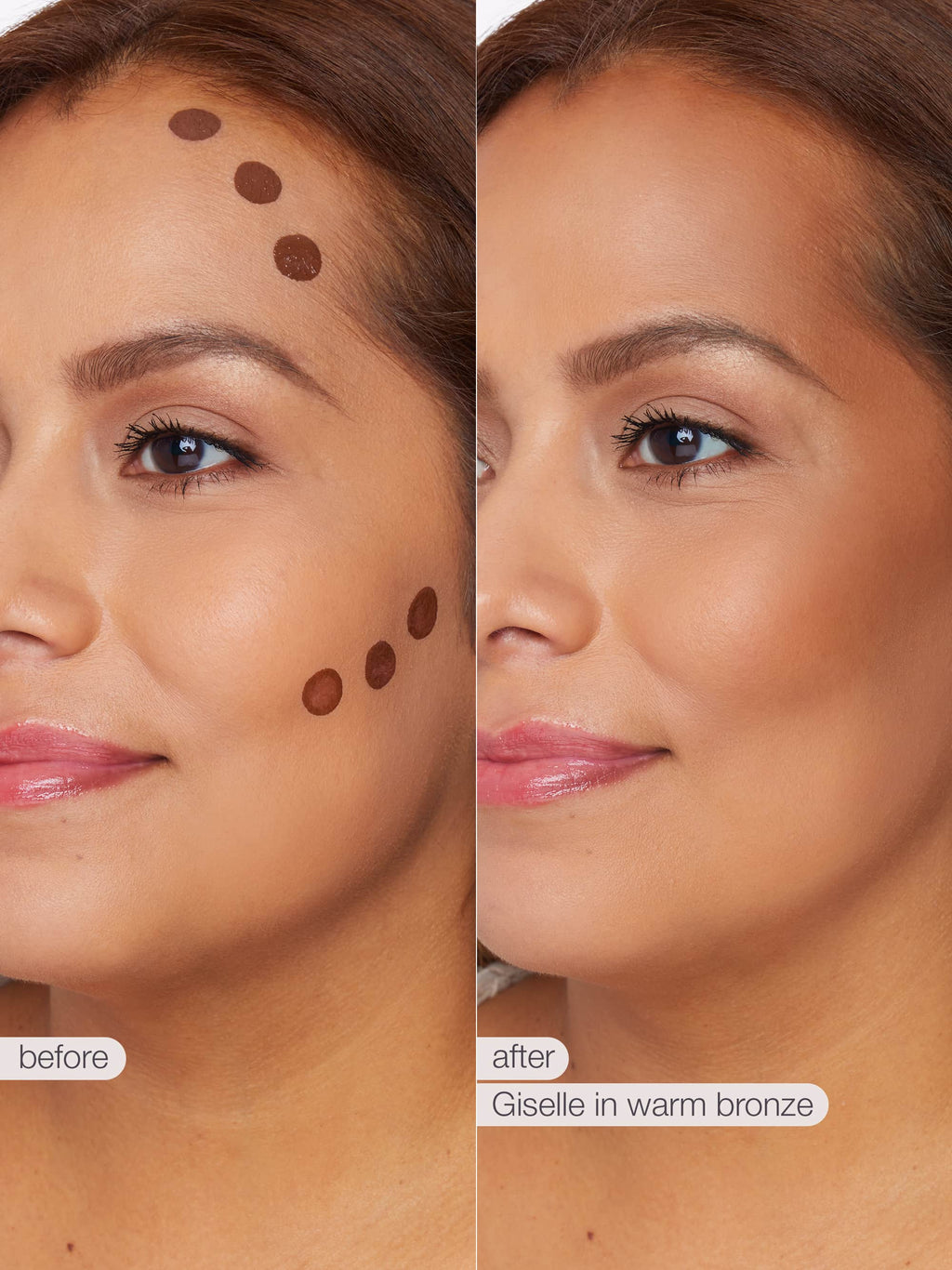 Before and after comparison of a woman's face with sculpt tape™ application on her cheeks.