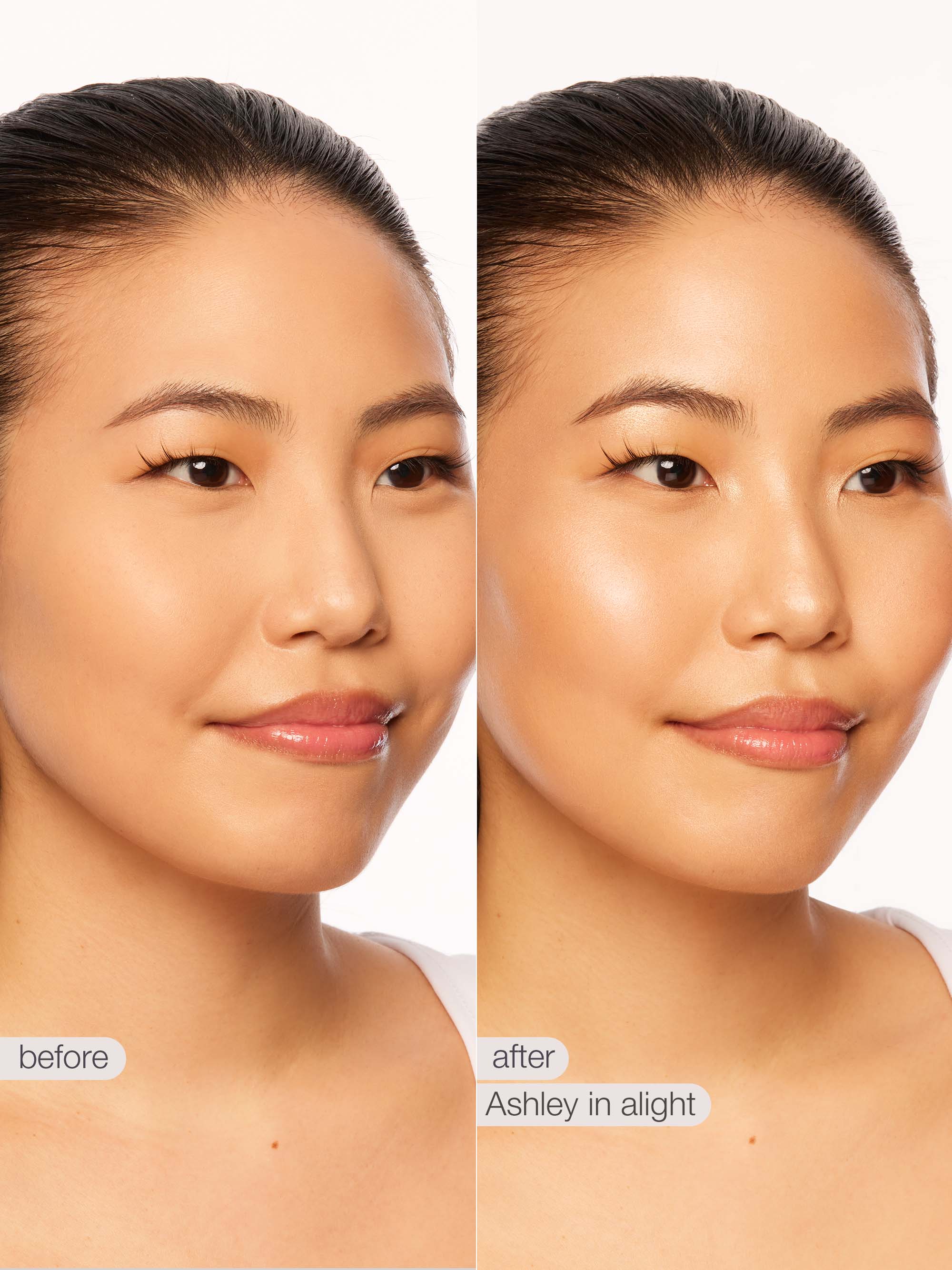 Before and after comparison of a woman's face with 'before' and 'after' labels.