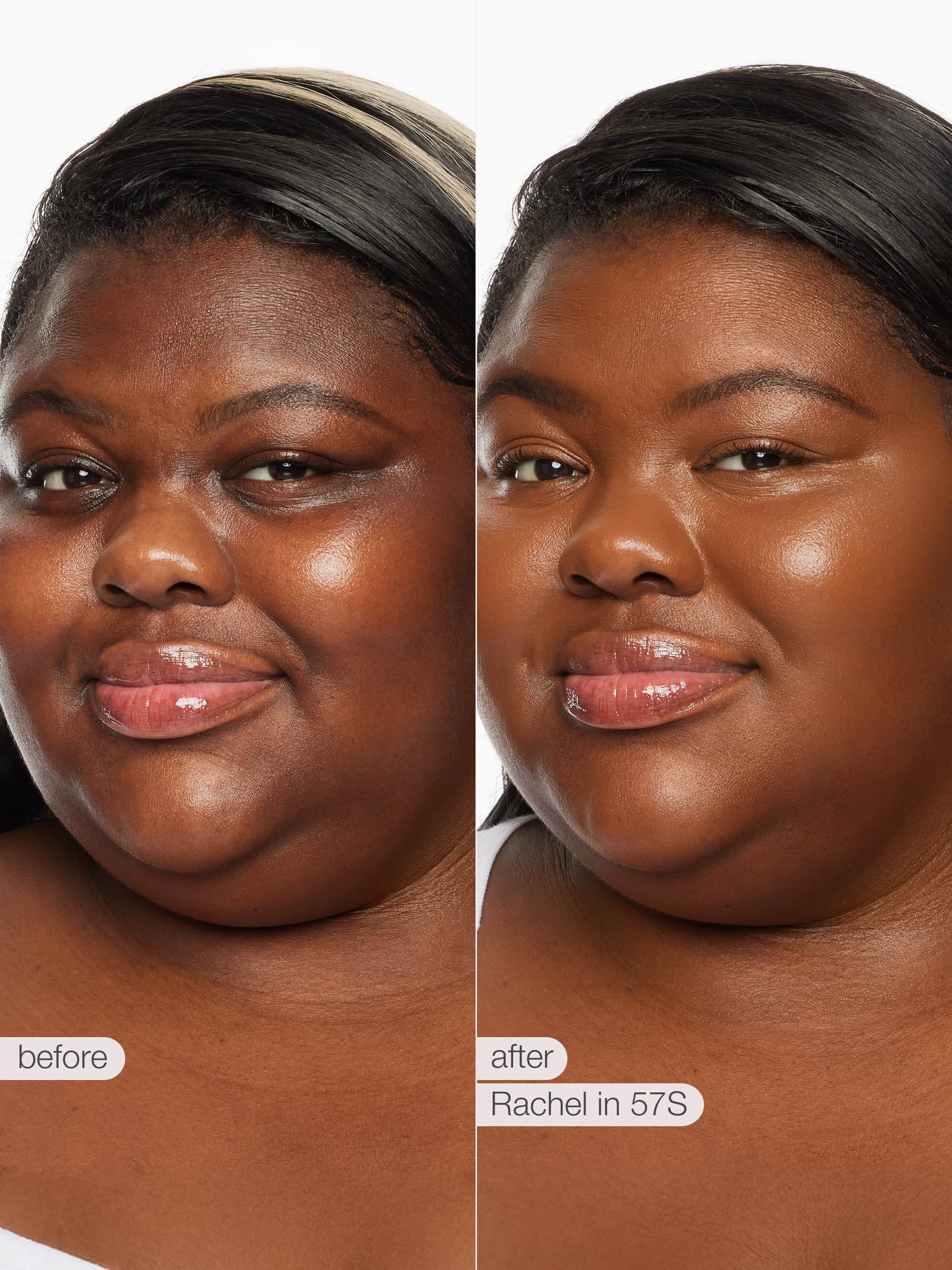 Before and after comparison of a woman's face with 'before' and 'after' labels.