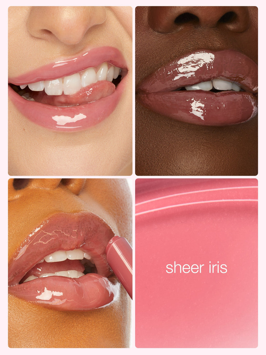 Collage of lips wearing a pink lipstick with 'sheer iris' text on a pink background.